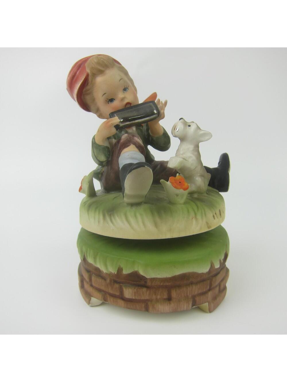 Vintage Spinning Music Box Boy Plays Harmonica Terrier Dog Napcoware Japan 1950s